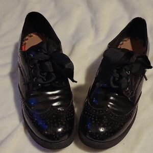 Pink & Pepper Black Women's Brogue Flats with Ribbon Laces